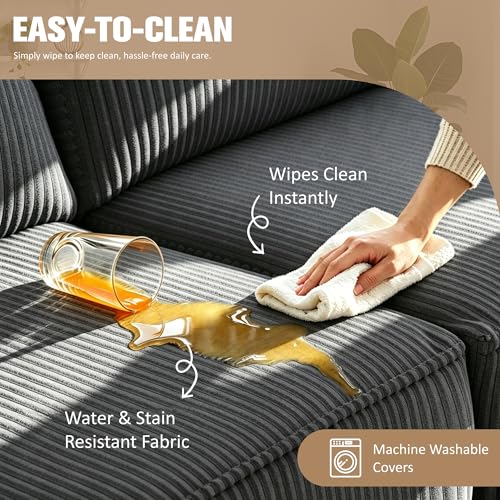 Convertible Sectional Sofa with Storage Ottoman, 77” L-Shaped 3-Seat Couch with Skin-Friendly Corduroy Fabric, Reversible Small Sectional for Small Space, Apartment, Living Room and Office(Dark Grey)