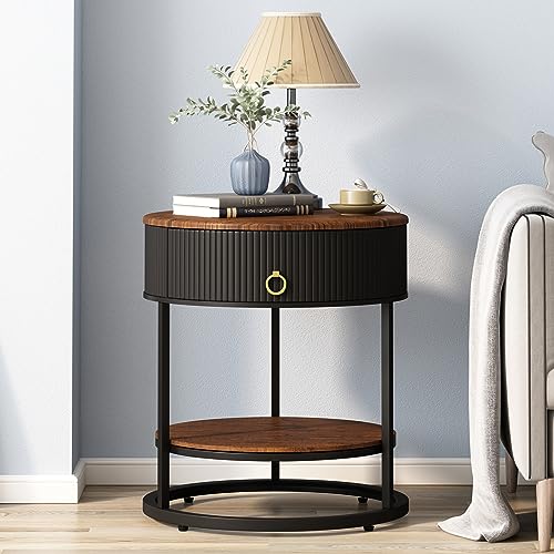 Brown and black round 2 tier end table with drawer, view 2