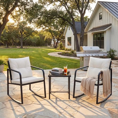 Patio Chairs 3 Piece Wicker Rocking Chair Outdoor Bistro Sets with Coffee Table and Cushions Metal Frame Patio Furniture for Porch, Balcony, Lawn (White)