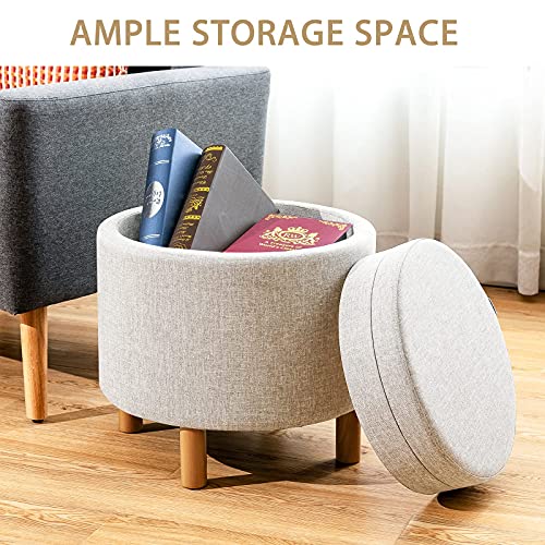 Round Storage Ottoman with Tray Lid, Accent Storage Footstool w/Soft Padding, Fabric Sitting Stool w/Solid Wood Legs & Non-Slip Pads, Tray Top Coffee Table for Living Room, Bedroom (Beige)