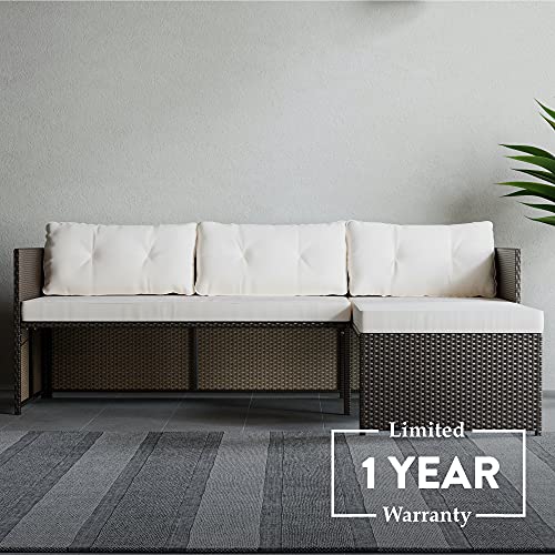 Bayview Rattan Patio Furniture - Mix and Match Outdoor Furniture, L-Shape Sofa Only, Brown Rattan/Cream