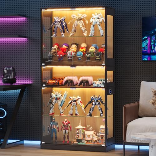65" H Lighted Display Cabinet with Glass Doors & 5-Tier Shelves, Curio Cabinets with Motion Sensor LED Lights for Collectibles/Figurines, Tall Storage Cabinets for Living Room (Black Wood)