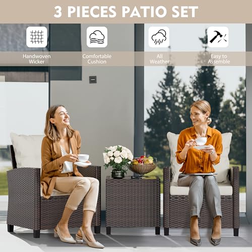 3 Piece Patio Furniture Set Small Outdoor Wicker Rattan Front Porch Bistro Set Cushioned Patio Chairs Conversation Set with Glass Table for Lawn, Garden, Backyard, Balcony, Poolside (Beige)