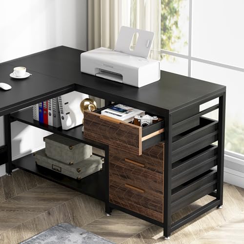 59-Inch L Shaped Desk with Drawers, Large Computer Desk with Storage Shelves, Reversible L-Shaped Corner Desk Workstation for Home Office