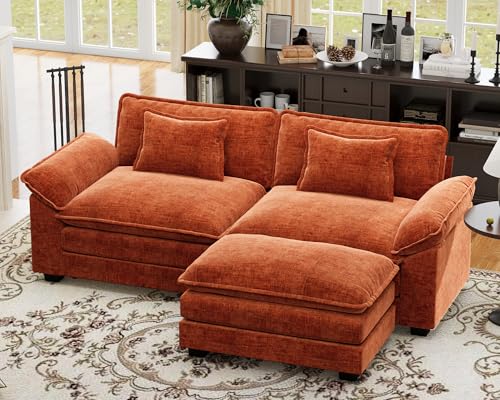 86" Modular Sectional Sofa, Comfy L-Shaped Cloud Couch with Movable Ottoman, 3-Seater Chenille Deep Seat Modern Sofa Couch for Living Room, Terracotta Orange