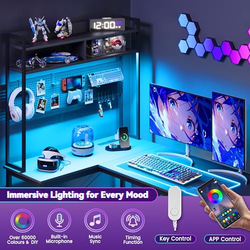L Shaped Gaming Desk 53" with Hutch, LED Light and Drawer, view 8