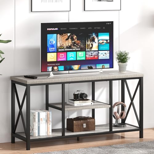 Modern TV Stand for TVs up to 55 Inch, Rustic Wood Entertainment Center with Storage Shelves, Industrial Media TV Console and TV Table for Living Room Bedroom, 47 Inch Light Grey