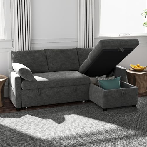 Sofa Bed, 80'' L Shape Chenille Sleeper Sofa Couch with Pull Out Bed and Storage Chaise for Living Room, Apartment and Hotel, Dark Gray