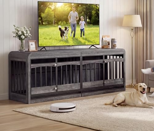 72" Double Dog Crate Furniture, Dog Crates for 2 Medium Dogs, Grey, view 2