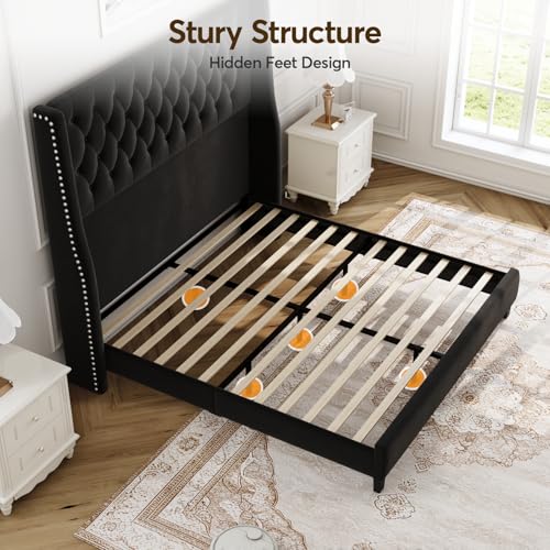 Queen Upholstered Bed Frame, 55.4'' Tall Headboard with Wingback, view 8