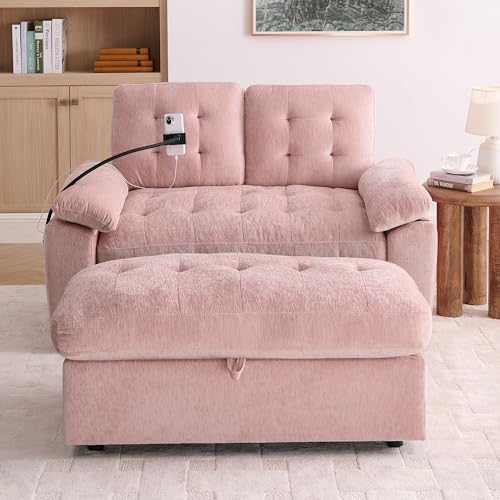 2 Seater Upholstered Loveseat Sofa with Storage Ottoman Phone Mount and Side Pocket Tufted Accent Couch, Pink