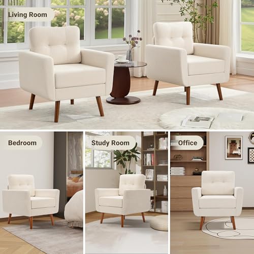 Linen Fabric Single Sofa, Accent Chair, Mid Century Modern Armchair for Living Room, Bedroom Button Tufted Upholstered Comfy Reading Sofas, Beige