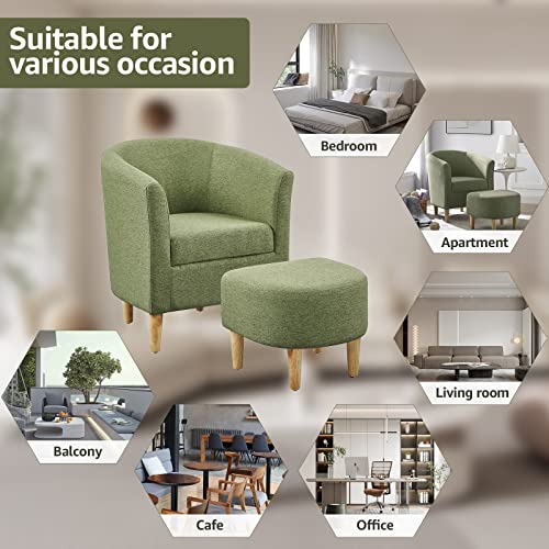 Mid Century Modern Chair, Accent Chair Barrel with Ottoman Comfy Arm Footrest Set Comfortable Living Room Chairs Upholstered Round Club Tub Sofa for Bedroom Reading Green, Set of 1