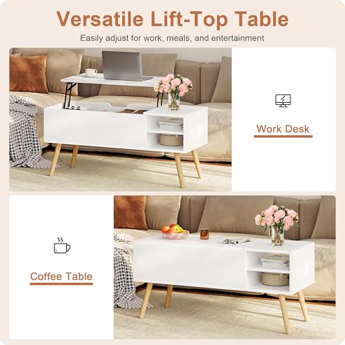 White Coffee Table Lift Top - Coffee Table with Solid Wood Legs, Hidden Storage Compartment & Open Shelves - 40" Lift Up Coffee Tables for Living Room