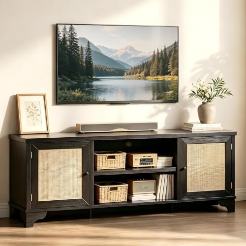 Rattan TV Stand for Living Room, Boho Entertainment Center for 55, 65 in TV, view 2