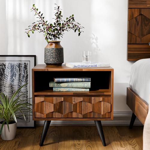 Dark chocolate solid wood nightstand with drawer and open shelf, view 2