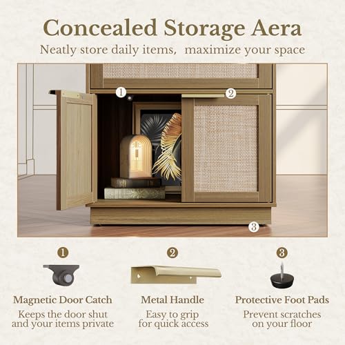 73'' Rattan Bookshelf with Doors and 2 Drawers, Natural Oak | Wood Bookcase with 2 Drawers and Doors, 8 Open Cubes, Adjustable Shelves, Durable Build, Modern Rattan Style