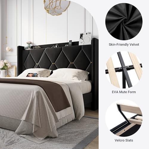 Queen Size Bed Frame with Storage Shelf & Charging Station, Black, view 7