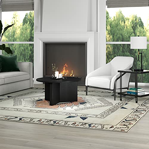 32" Round Wood Pedestal Coffee Table for Living Room, Family Room, Office, or Apartment, Natural Black