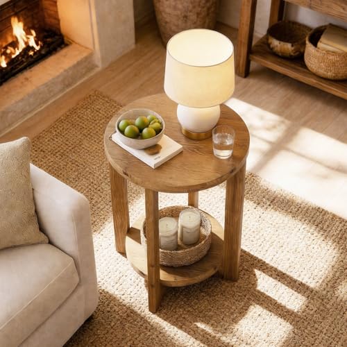 Solid Wood Round End Table, Accent Bed Side Table with Storage Shelf, 2-Tier Circle Wood Nightstand for Living Room, Bedroom, Small Spaces, Brown