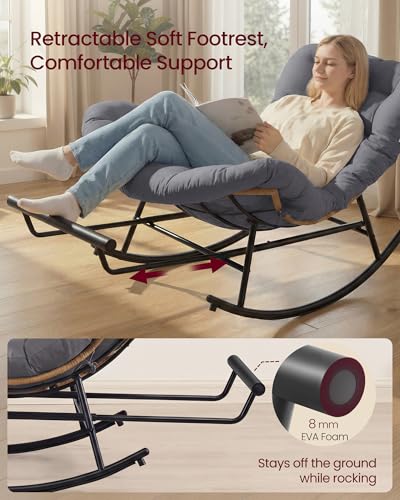 VASAGLE Papasan Chair, Outdoor Rocking Chair, Outdoor Furniture, Steel Frame, Extendable Footrest, Removable Cushion, Holds 300 lb, for Bedroom, Living Room, Patio, Garden, Gray ULYY062GZ01