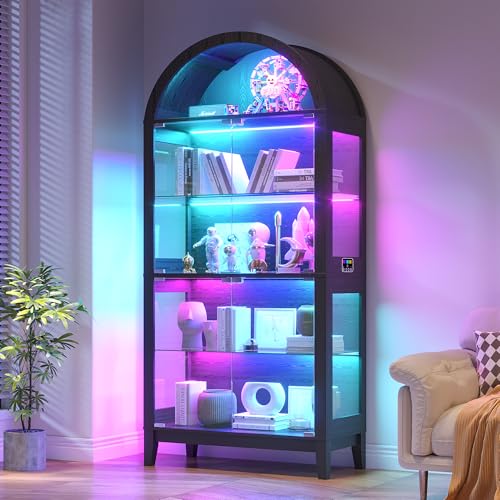 Arched Display Case with RGB Lights, 69" Tall 5-Tier Tempered Glass Display Cabinet with Doors, LED Curio Cabinet with Shelf, Bookcase with Music-Synced Lighting for Living Room (Black)