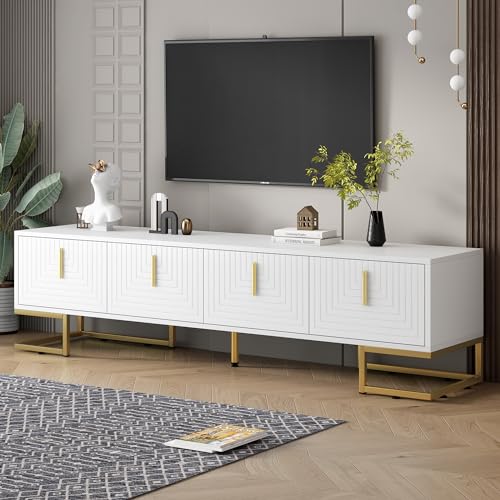 ON-TREND Modern TV Stand with Metal Legs and Gold Handles for TVs Up to 80'', Media Console Table with Cabinets and Adjustable Shelves, Luxury TV Cabinet with Geometric Lines for Living Room, White