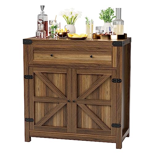 Coffee Bar Cabinet Farmhouse Kitchen Sideboard Buffet Cabinet with Drawer and Adjustable Shelf Barn Door Storage for Kitchen, Dining Room, Bathroom, Entryway (Brown)