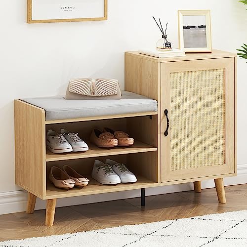 GAOMON 2-in-1 Natural Rattan Shoe Storage Bench with Upholstered, Shoe Cabinets with Adjustable Shelf, Home Entrance Shoe Rack for Hallway Living Room Bedroom Dorm and Small Apartment