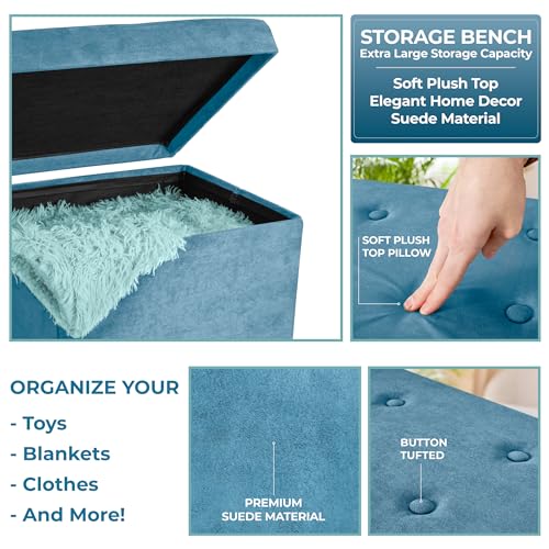 Storage Ottoman Foot Rest Cube– Small Folding Ottoman Bedroom Bench Chest 15 Inch Box Coffee Table, Shoe Storage, Foot Stool, Pouf Storage Ottoman, Seat, Suede Velvet Fabric - Teal Blue