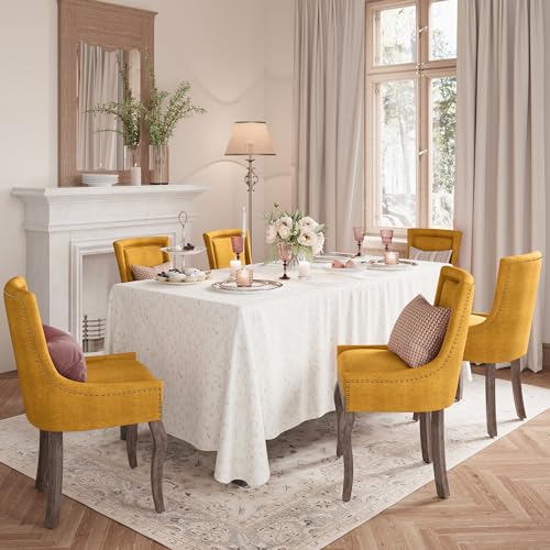 Fabric Vintage Upholstered Side Chairs Set of 6, Farmhouse Solid Wood Kitchen Dining Room Chairs with Nailheads Legs (Fabric Golden Yellow)