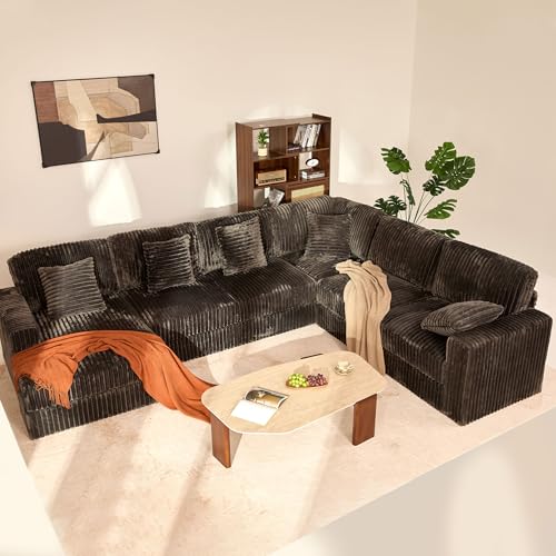 139" U-Shaped Cloud Couch, Modular Sectional, Deep Seats, Grey | Pocket Spring Cushions, Oversized 7-Seater, Left Facing Chaise, Corduroy Upholstery Couches for Living Room, Not Boneless