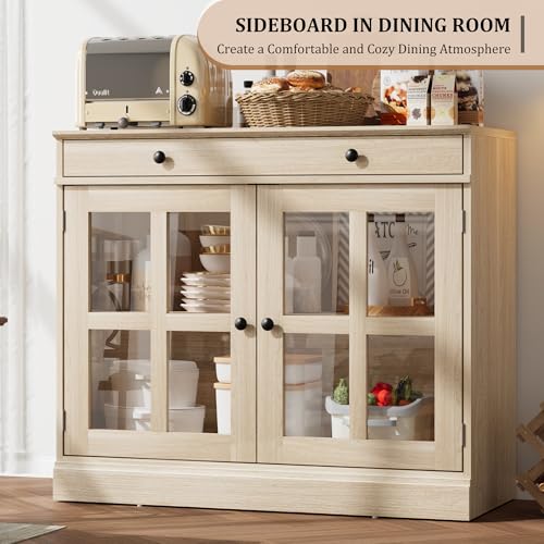 35.4 in Sideboard Buffet Cabinets with Glass Door, Buffet Cabinet with Storage, Oak Sideboard Cabinet with Drawer, Modern Buffets & Sideboards for Dining Room, Kitchen