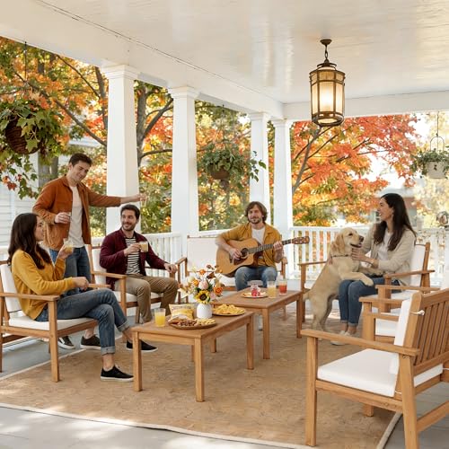 8 Piece Outdoor Furniture Set, Outdoor Table and Chairs with Comfy Cushions, Acacia Wood Patio Furniture for Porch, Patio, Garden, Poolside