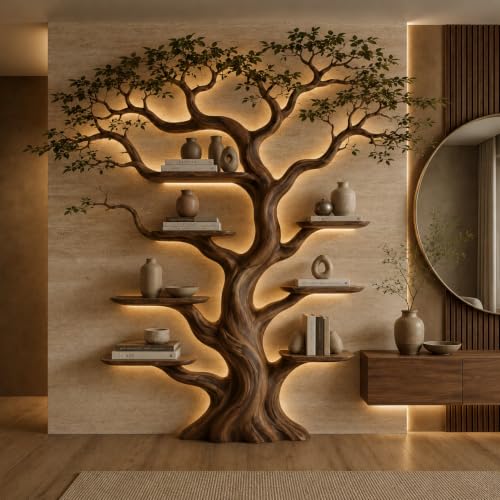 Handcrafted Live Edge Tree Branch With Leaves Shelf, Rustic Natural Wood Bookshelf for Living Room Bedroom, Custom Wood Wall Shelf with Multi-Tier Display Storage, Custom Size & Color (Sylvan Glow)