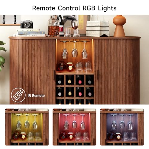 55" Wine Bar Cabinet with LED Light, Modern Fluted Liquor Whiskey Home Bar with Wine Rack and Glass Holder, Farmhouse Buffet Sideboard with Storage for Living Room, Kitchen, Entryway (Walnut)