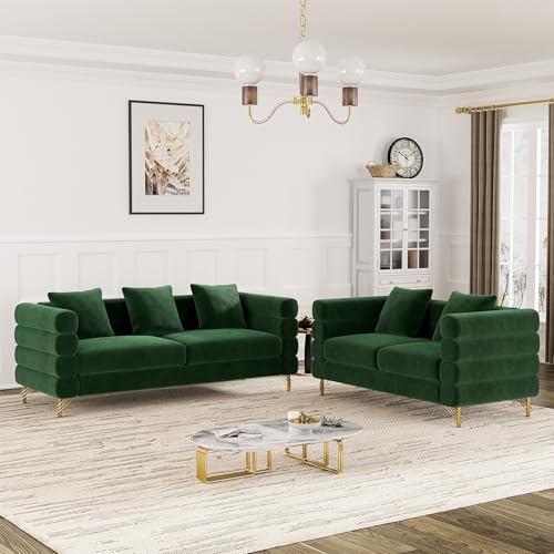Living Room Sofa Couch and Loveseat Set, Modern Comfy Velvet Deep Seat Cloud Couch with 5 Pillows, Oversized Sofa Furniture Sets for Living Room Bedroom, Emerald Green Velvet