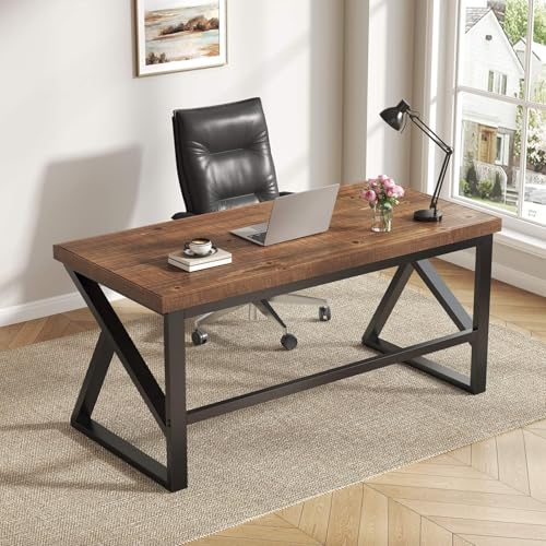 Solid Real Wood Desk, Minimalist 47” Natural Wood Computer Desk, Rustic Desk for Home Office Writing Study, Vintage Industrial Wooden PC Gaming Workstation Computer Table, Brown, 47 Inch