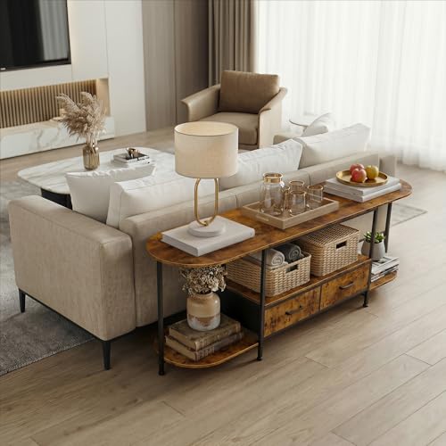 63 Inch TV Stand for TVs Up to 70 Inch, Rustic Brown Entertainment Center with 2 Fabric Drawers, Modern TV Console Table with Curved Edge, Wood Media Stand for Living Room Bedroom