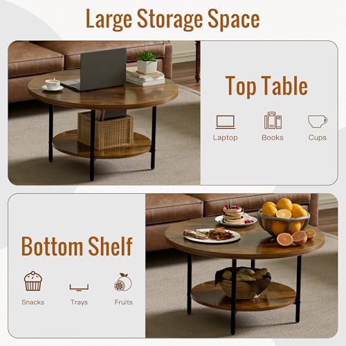 Round Coffee Table, 27.6" Circle Coffee Table for Living Room, 2-Tier Wood Accent Center Table with Open Storage Industrial Design Home Furniture, Rustic Brown