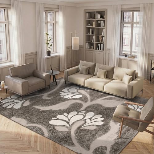 SAFAVIEH Florida Shag Collection Area Rug - 5'3" x 7'6", Smoke & Beige, Floral Design, Non-Shedding & Easy Care, 1.2-inch Thick Ideal for High Traffic Areas in Living Room, Bedroom (SG459-7913)