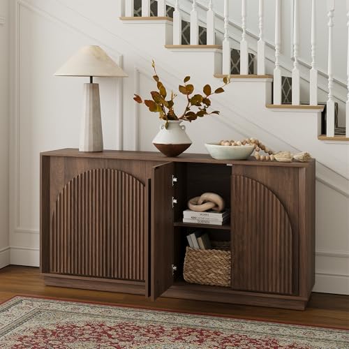 Fluted Sideboard Buffet Cabinet with Storage, 65" Mid Century Modern Accent Cabinet with Double-Layered Arch Doors,Wood Media TV Console Table Credenza for Living Dining Room Entryway,Walnut