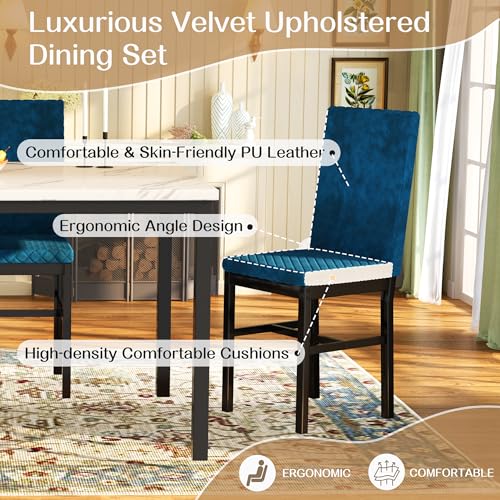 Dining Table Set for 4, Kitchen Table and Chairs Set of 4 Modern Faux Marble Dinner Tabletop with Upholstered Velvet Chairs for Apartment Small Space