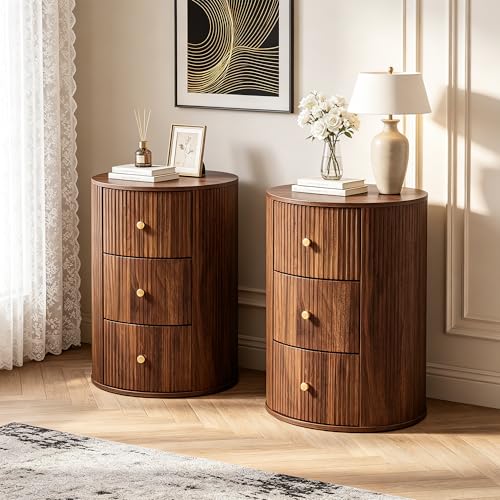 Fully Assembled Round End Table, Fluted Mid Century Side Table with 3 Storage Drawers for Living Room, Bedroom, Couch (Walnut-1 pc)