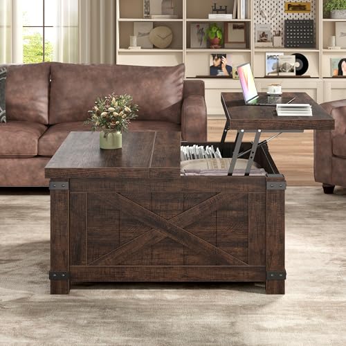 Lift Top Coffee Table with Storage, 35.7" W Square Coffee Tables for Living Room, Small Coffee Table with Large Hidden Space, for Living Room, Bedroom, Home Office, Brown