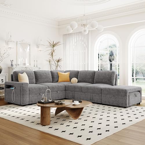 L-Shaped Modular Sofa with Removable Storage Ottoman, USB Ports and Cup Holder, Upholstered Sectional Couch & Armrest, Free Combination Indoor Furniture for Living Room, Apartments, Gray