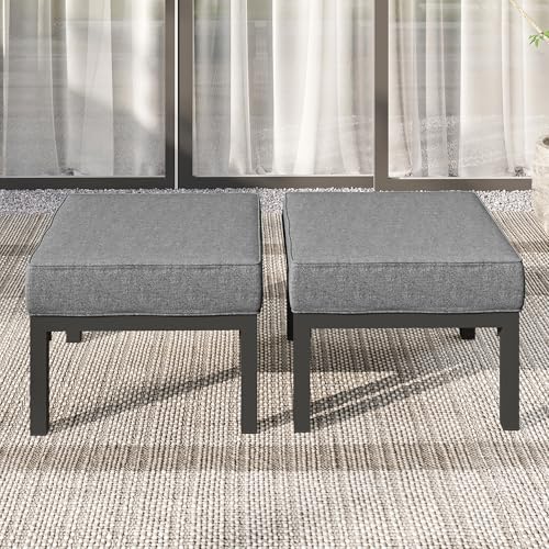 Outdoor Footstools Patio Ottoman Set of 2, Aluminum All-Weather Outdoor Footrest Seat with Removable Cushions, Patio Furniture Ottomans for Garden, Backyard, Poolside-Gray