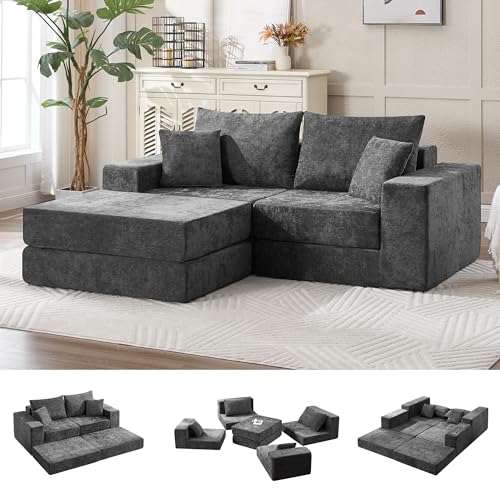 79" Boneless Cloud Loveseat Sofa Couch, Modular Foldable Floor Sofa with Ottoman, Chenille Lounge Convertible Sofa Bed for Living Room, No Assembly, Dark Grey