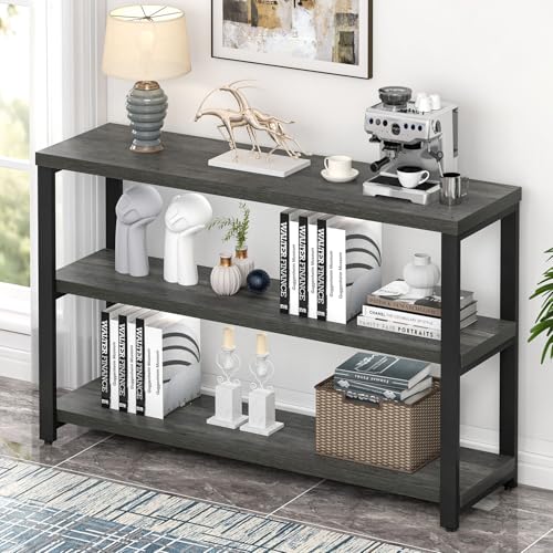 47 Inch Rustic Metal and Wood Entryway Table, Console Table Behind Couch with 3 Tier Storage Shelves, Sofa Table for Living Room Hallway Foyer, Industrial Grey
