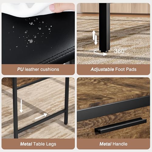 65" Dining Table Set for 4-6, 3-Piece Kitchen Set with 2 Utensil Drawers, 2 Benches & Wine Rack, Space Saving & Heavy Duty, with Metal Frame & MDF Board, Brown